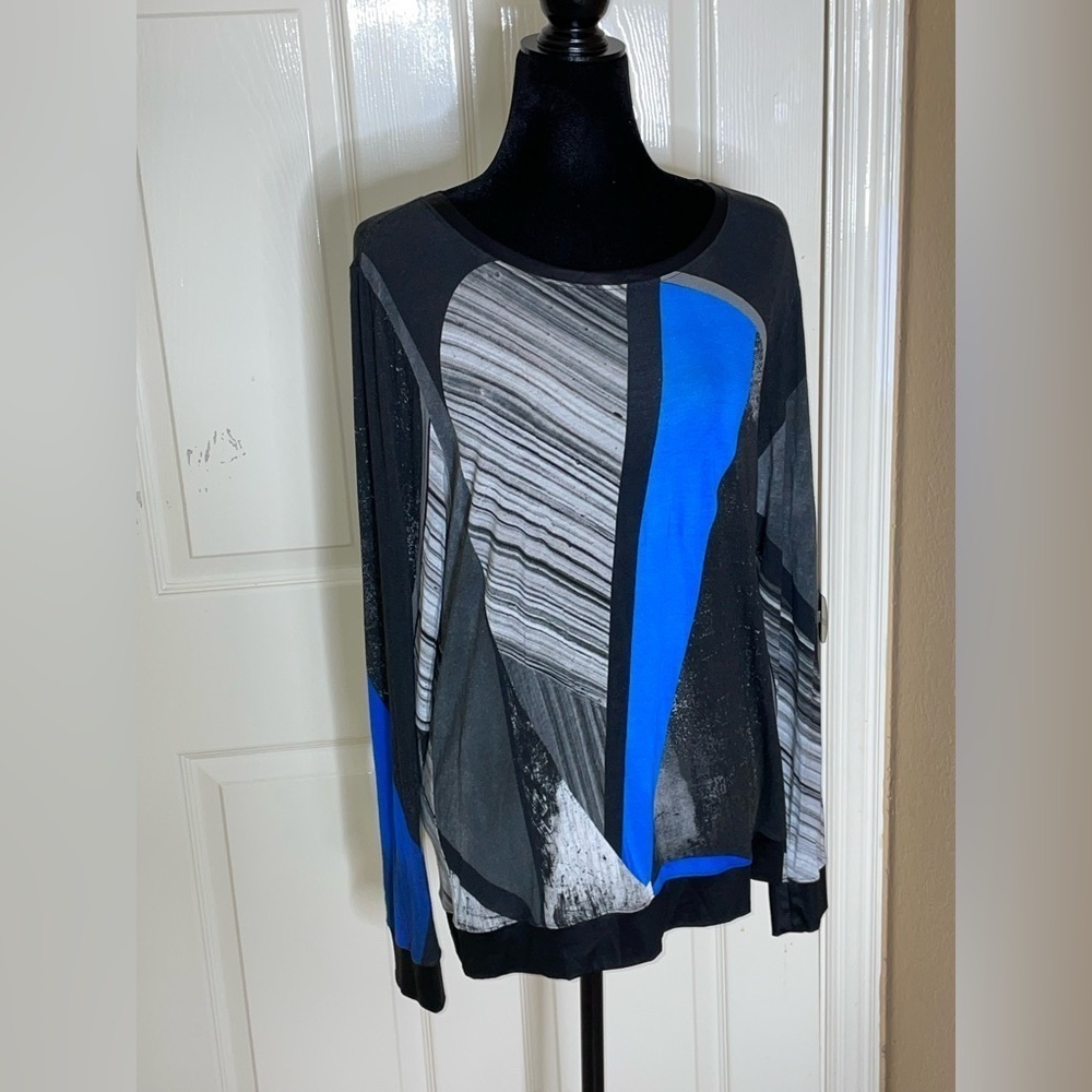 Helmut Lang Top Womens L Blue Black Fracture Print Jersey Long Sleeve Artsy‌